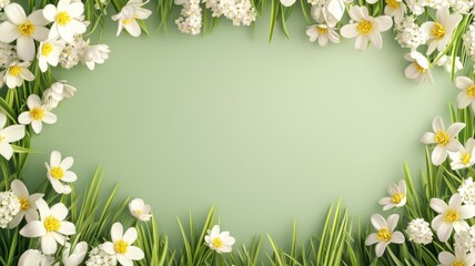 Fototapeta premium Enhance your space with beautiful white flowers framing a fresh green background for spring decor