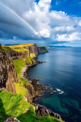 A Rainbow Arcs Over Dramatic Sea Cliffs and a Turquoise Sea