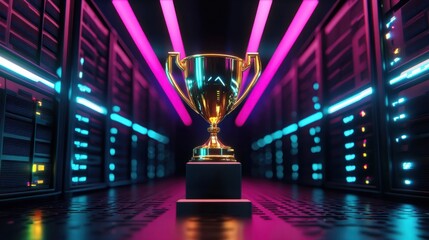 Golden Trophy in a Neon Server Room, 3D Render, Futuristic, Achievement, Technology , server, neon