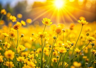 Bright Yellow Spring Flowers in Bloom Under Soft Sunlight in a Field - Perfect for Nature and Outdoor Photography with Text Space - National Geographic Style