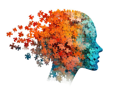 A conceptual image of a human head filled with puzzle pieces that gradually blend from vibrant colors at the top to softer tones at the bottom