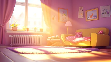 A cozy, sunlit living room with a yellow couch, plants, and warm decor.