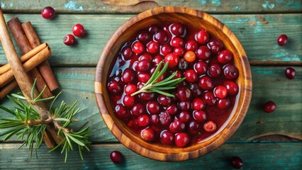 A bowl of cranberry sauce with a sprig of rosemary, cinnamon sticks, and cranberries scattered on a rustic wooden surface.
