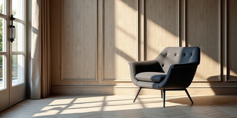 Modern, stylish armchair in a sunlit room, showcasing minimalistic design and natural wood elements. Ideal for interior design, real estate, and lifestyle branding.