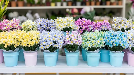 Obraz premium Colorful potted flowers arranged on a table in a vibrant display.