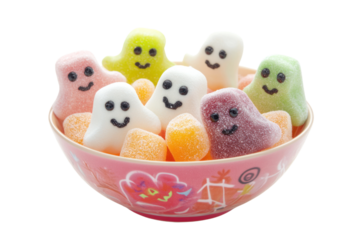 A colorful display of assorted ghost-shaped candies, including marshmallows and sugar-coated sweets, arranged in a festive bowl.