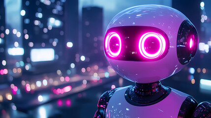Cybernetic Humanoid Robot with Illuminated Eyes and Neon Pink Highlights, Standing Against a Nighttime Urban Skyline – Perfect for Web Designs
