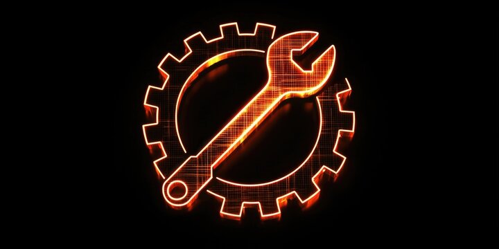 Stylized repair icon with tools and a gear for use in digital or print media.