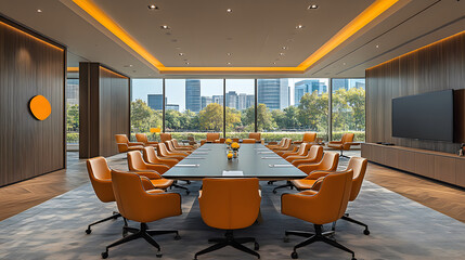 Clean empty conference room in office, natural light through windows, minimalist design