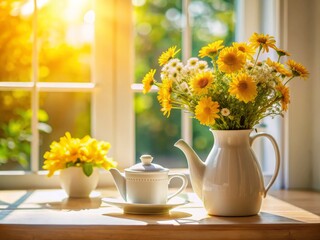 Fototapeta premium Captivating Tilt-Shift Photography of a White Kettle Surrounded by Bright Yellow Flowers in a Vase on a Table Bathed in Sunlight, Evoking a Warm and Cheerful Atmosphere