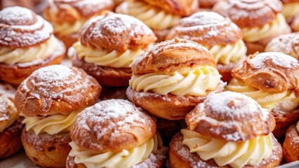 A close-up of cream puffs dusted with powdered sugar, showcasing the fluffy texture of the pastry and the creamy filling.
