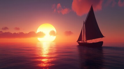 Fototapeta premium A sailboat silhouetted against a vibrant sunset on the open ocean.