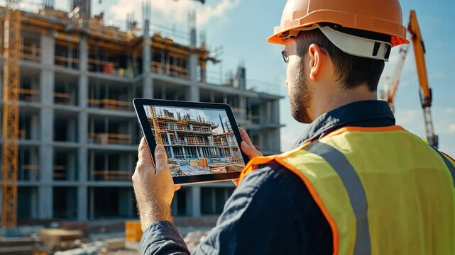 Smart engineer man working with a tablet, capturing a construction site with a camera