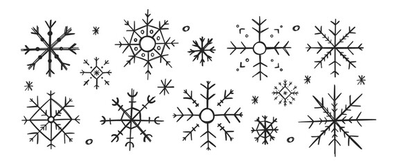 Hand drawn Christmas illustration of snowflakes with crayon or pencil texture. Doodle vector illustration on a white background.