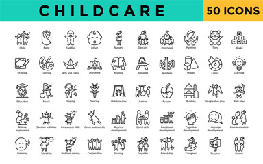 Childcare icons set with child, baby, toddler, infant, nursery, daycare, preschool, playtime, toys, blocks  icon. Simple line vector 

