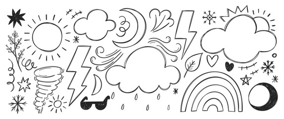 Collection of weather symbols with crayon, chalk and pencil texture. Vector illustration of rain, hurricane, sun, star, lightning on a white background.
