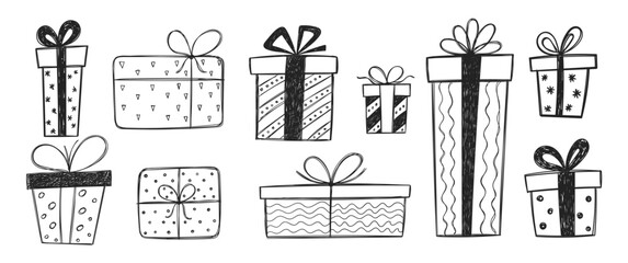 Hand drawn present boxes with crayon or pencil texture. Christmas gifts with ribbon. Doodle vector illustration on a white background.