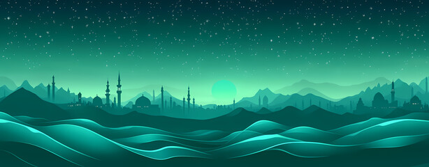 Teal and Green Gradient Skyline of an Arabian City with Mountains, Stars, and Cartoon-Core Details