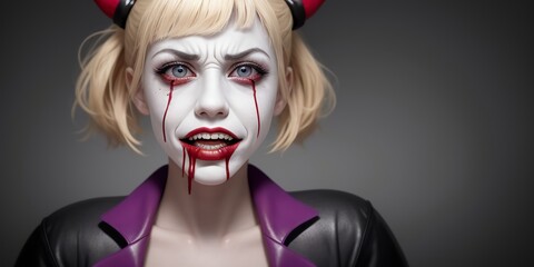 怪訝な表情で眉間にしわを寄せる表情の女殺人ピエロ,generative ai