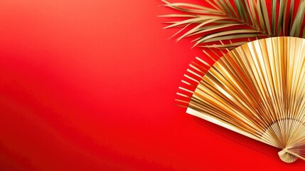 Paper fan medallion red and gold chinese new year decoration on red background with copy space with generative ai