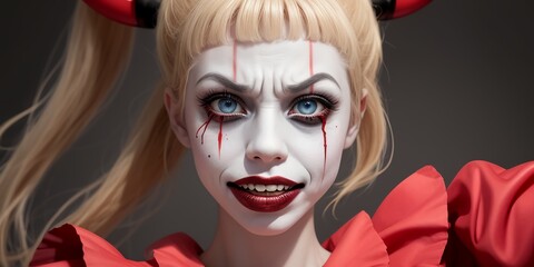 怪訝な表情で眉間にしわを寄せる表情の女殺人ピエロ,generative ai