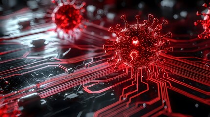 Abstract Representation of a Virus on a Circuit Board, Merging Technology and Health in a Stunning Visual of Red, Black, and Metallic Elements for Scientific Illustrations