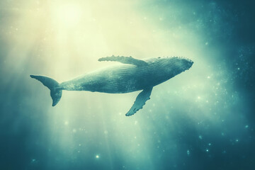 A humpback whale swimming in the ocean, with dreamy light effects and an ethereal atmosphere. Underwater photography with a soft focus, in a digital art style.