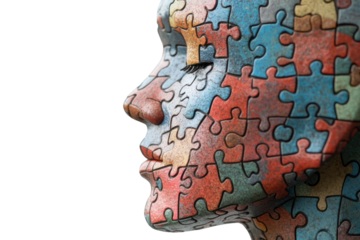 A close-up view of a human head constructed from interlocking jigsaw puzzle pieces, showcasing intricate details and textures. The head is positioned to the side