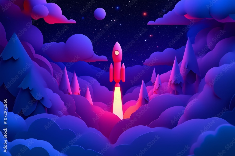 Aufkleber paper cut style red rocket soaring through a night sky with a gradient of violet and blue clouds fea