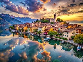 Obraz premium Surreal Landscape of Torri del Benaco on Lake Garda with Dreamlike Reflections and Whimsical Skies, Capturing the Essence of Italian Charm and Nature's Beauty in a Mystical Setting