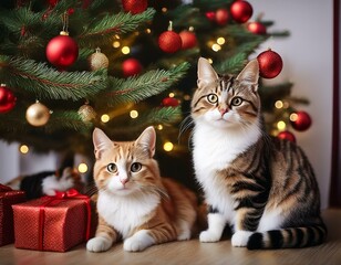 Close-up of two cats under the Christams tree in the living room near many gift boxes