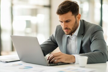 Concentrated businessman working on laptop in office.