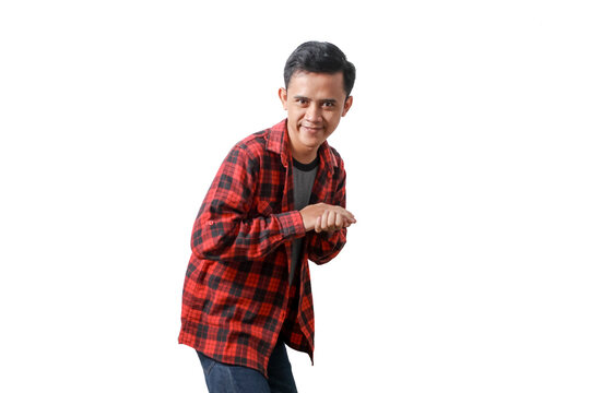 sneaky asian man is planning something, isolated on white background