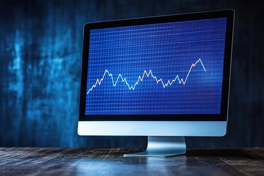 Computer screen with rising graph against blue backdrop