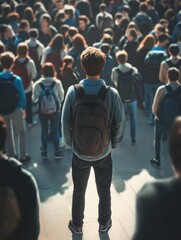 Fototapeta premium Male college student standing alone among a crowd of other students, concept of the feeling of isolation and loneliness due to mental illness