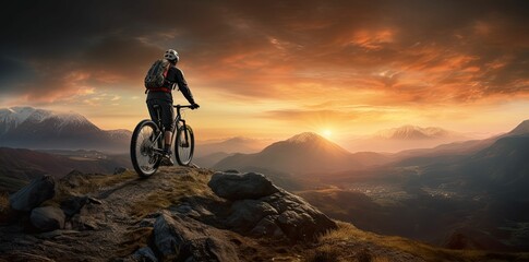 Obraz premium Mountain biker at sunset on a mountain peak.