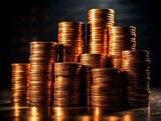 Close-Up Silhouette of Stacked Coins on Dark Background, Emphasizing Copper Surfaces and Reflecting Economic Themes in Intricate Detail