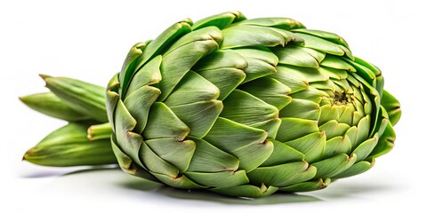Fototapeta premium Closeup Portrait of a Whole Green Artichoke on White Background, Showcasing the Intricate Details and Unique Texture of French Artichoke, Perfect for Culinary and Botanical Themes