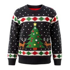 Black Christmas Sweaters Display. Simple Black Xmas Jumpers. Festive Black Sweaters on White. 