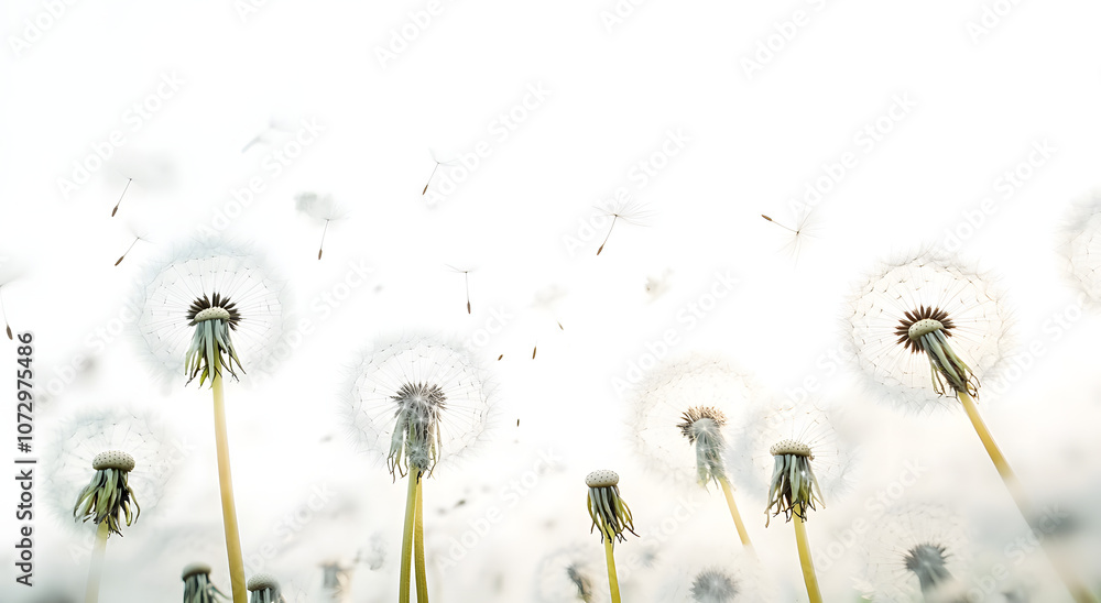 Poster lots of dandelion seed heads at different focal distances and sizes as if in a field with seeds floa