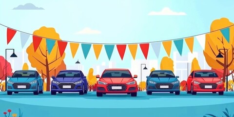 Car sales event with banners and promotional materials for discounts and offers.