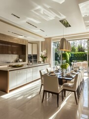 Fototapeta premium Modern kitchen with dining area and garden view. showcases a spacious, well-lit kitchen
