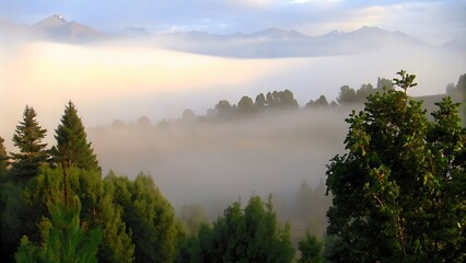 Fototapeta premium Fog over mountains with a beautiful forest