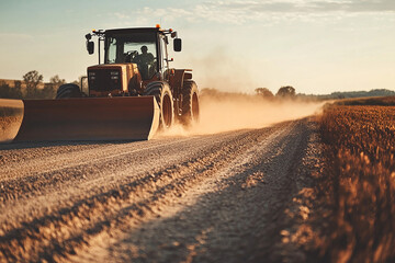 Naklejka premium A grader operator levels the ground on a new road construction project