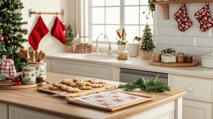 A kitchen island with Christmas cookies, a Christmas tree, and red stockings hung on a rack.