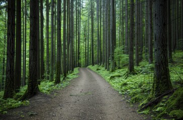 Obraz premium A scenic forest path surrounded by tall trees.