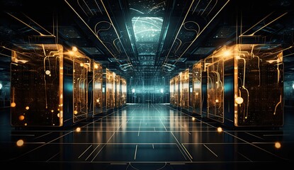 Dark futuristic hallway with glowing servers.