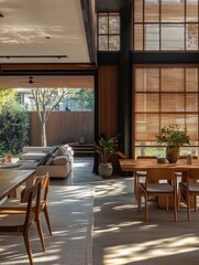 Obraz premium Modern open-plan living area with wooden dining set