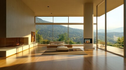 Fototapeta premium Modern open-plan living room with large windows and fireplace