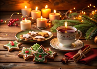 Fototapeta premium Cozy Candlelit Evening with Steaming Tea and Festive Christmas Cookies, Perfect for a Winter Holiday Setting, Warm Ambiance for Relaxation and Celebration